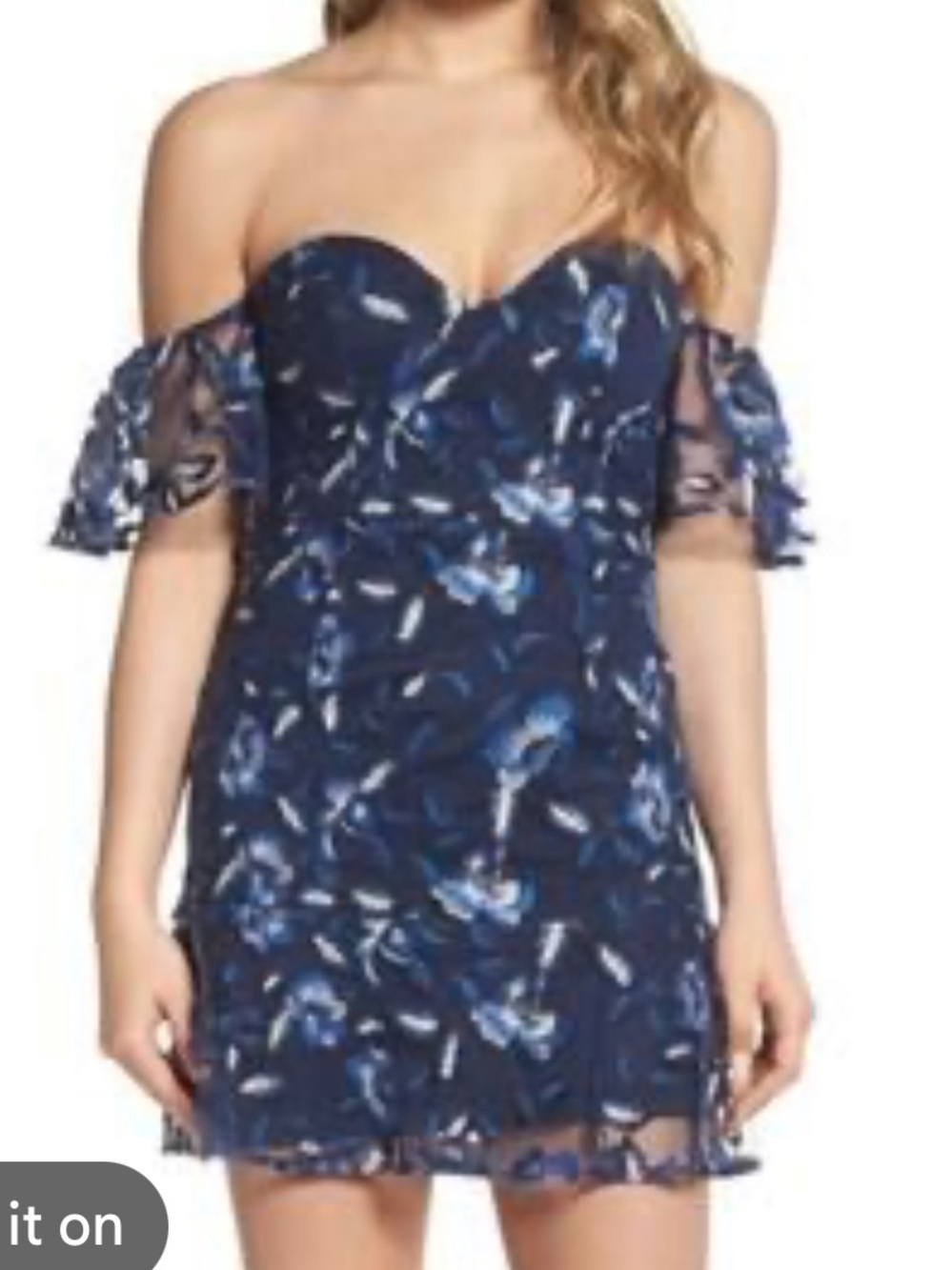 Bardot Navy Embroidered Floral Mesh Overlay Off Shoulder Mini Dress Size 8 NWT